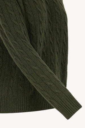 Dark Green Pure Cashmere Cable-Knit Crew Neck Sweater