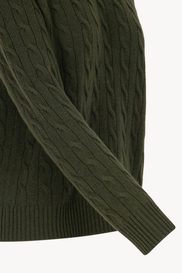 Dark Green Pure Cashmere Cable-Knit Crew Neck Sweater