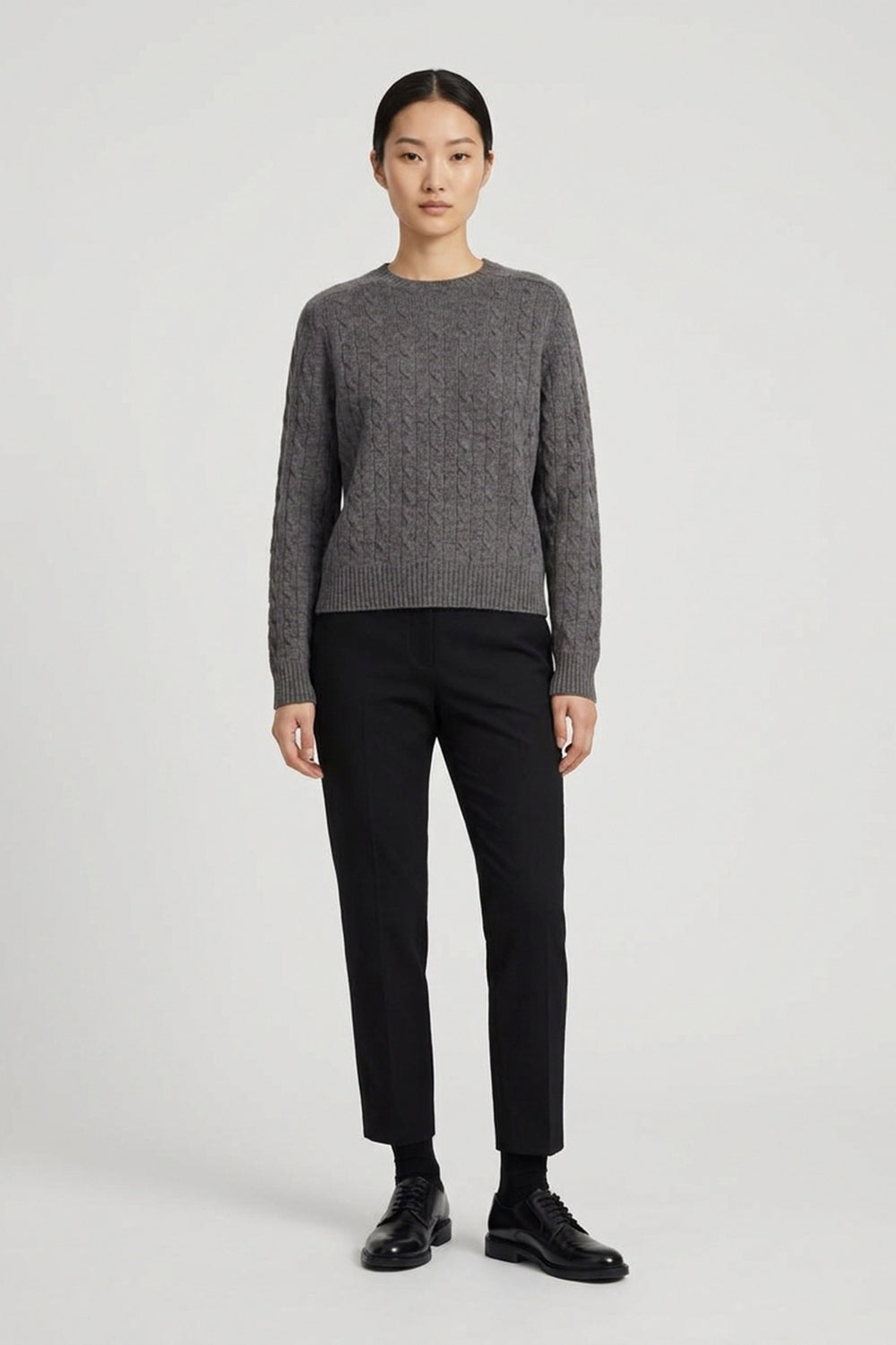 Medium Grey Pure Cashmere Cable-Knit Crew Neck Sweater