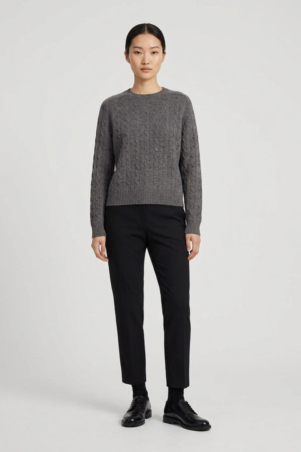 Medium Grey Pure Cashmere Cable-Knit Crew Neck Sweater