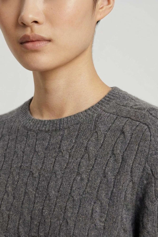Medium Grey Pure Cashmere Cable-Knit Crew Neck Sweater