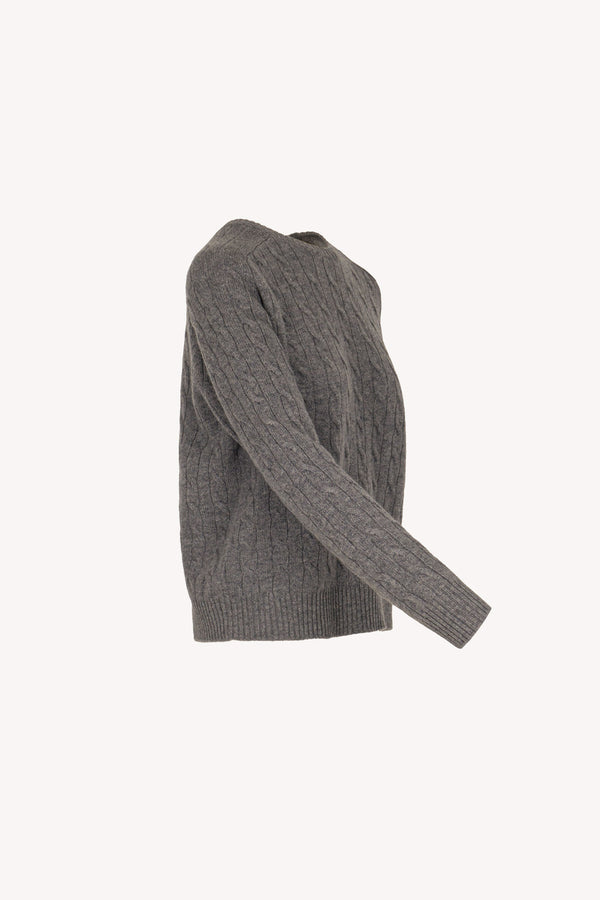 Medium Grey Pure Cashmere Cable-Knit Crew Neck Sweater