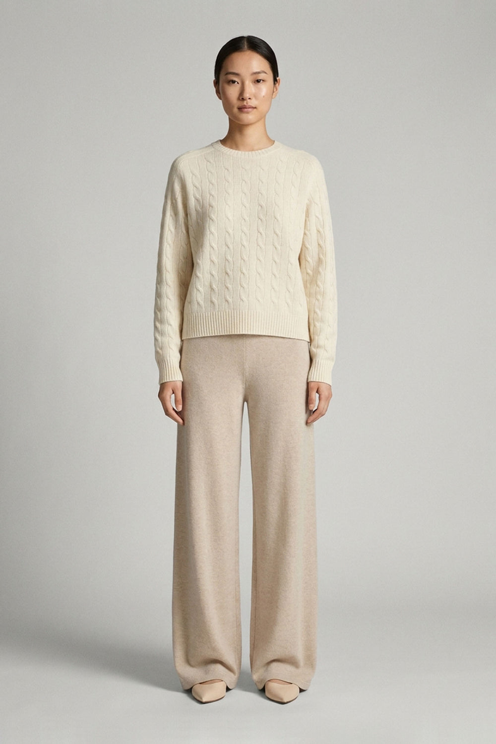 Ivory Pure Cashmere Cable-Knit Crew Neck Sweater