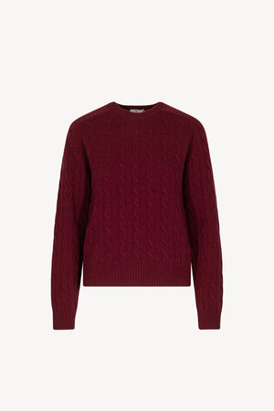 Dark Red Pure Cashmere Cable-Knit Crew Neck Sweater