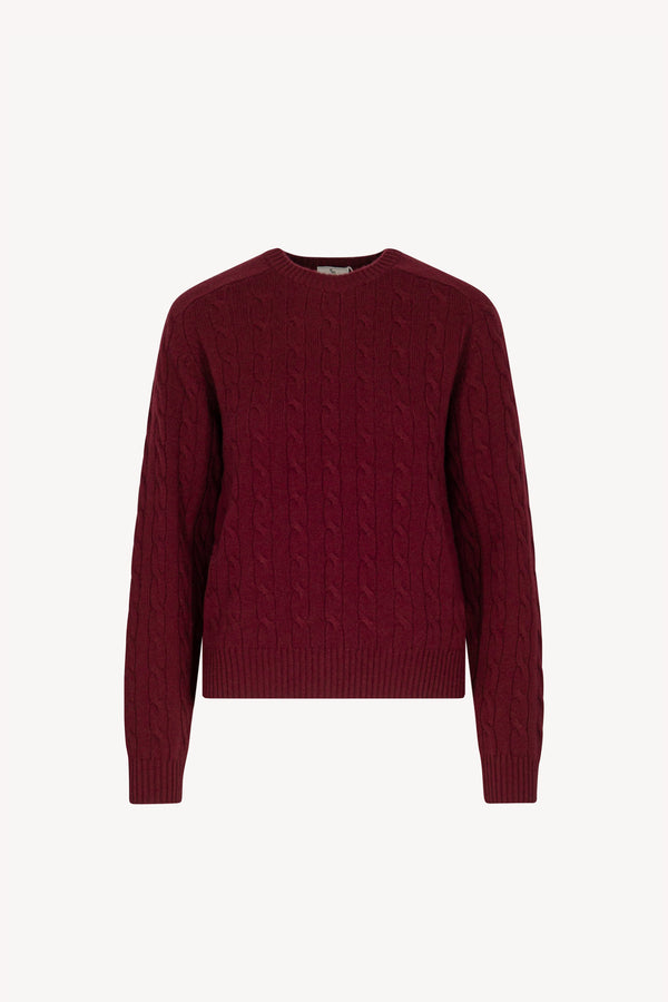 Dark Red Pure Cashmere Cable-Knit Crew Neck Sweater