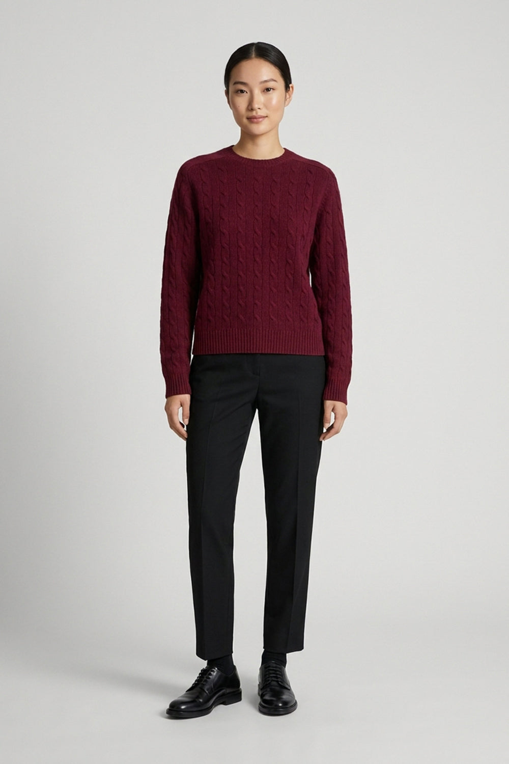 Dark Red Pure Cashmere Cable-Knit Crew Neck Sweater