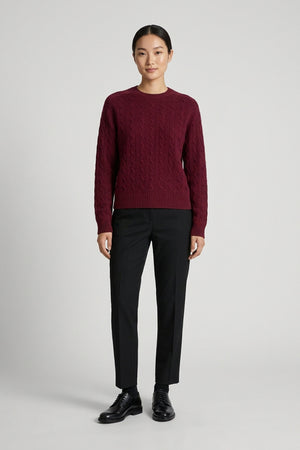 Dark Red Pure Cashmere Cable-Knit Crew Neck Sweater