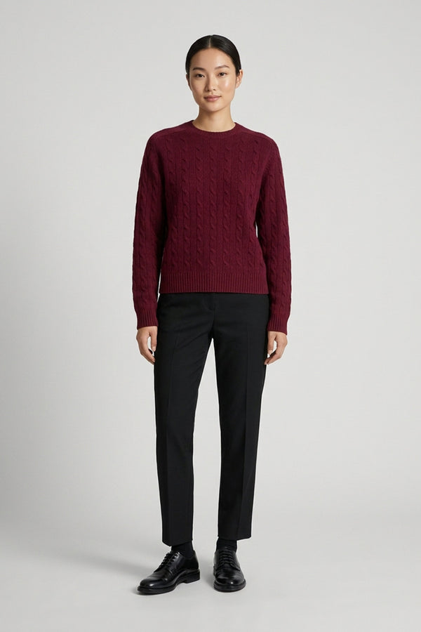 Dark Red Pure Cashmere Cable-Knit Crew Neck Sweater