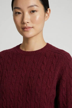 Dark Red Pure Cashmere Cable-Knit Crew Neck Sweater