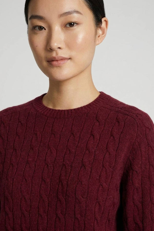 Dark Red Pure Cashmere Cable-Knit Crew Neck Sweater