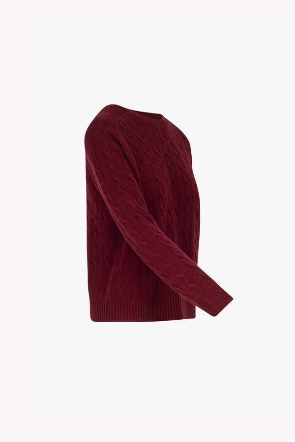 Dark Red Pure Cashmere Cable-Knit Crew Neck Sweater
