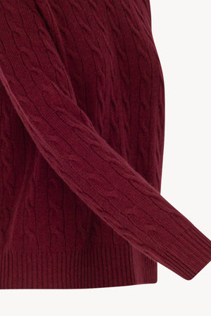 Dark Red Pure Cashmere Cable-Knit Crew Neck Sweater