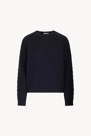 Midnight Blue Pure Cashmere Cable-Knit Crew Neck Sweater