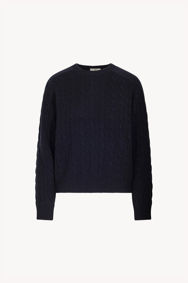Midnight Blue Pure Cashmere Cable-Knit Crew Neck Sweater