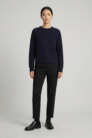 Midnight Blue Pure Cashmere Cable-Knit Crew Neck Sweater
