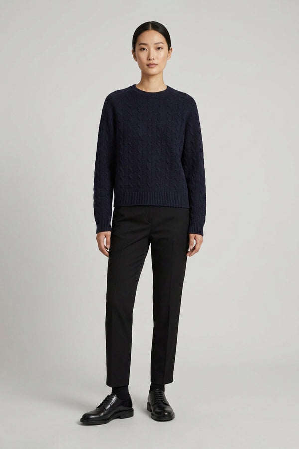Midnight Blue Pure Cashmere Cable-Knit Crew Neck Sweater