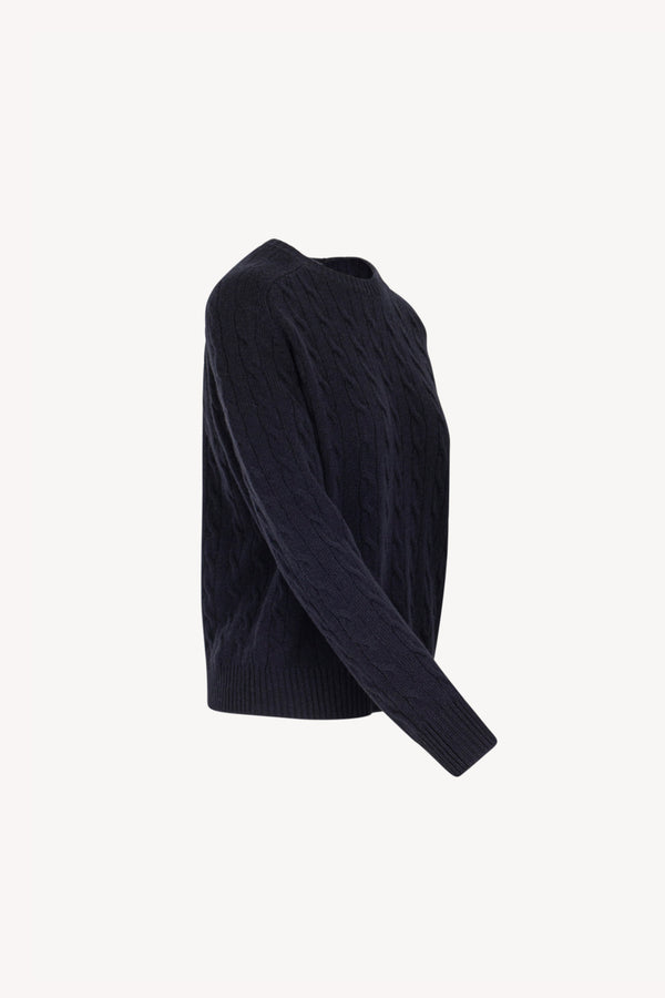 Midnight Blue Pure Cashmere Cable-Knit Crew Neck Sweater