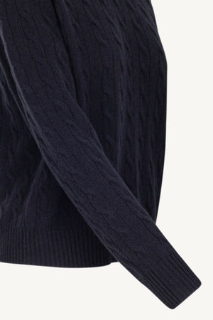 Midnight Blue Pure Cashmere Cable-Knit Crew Neck Sweater