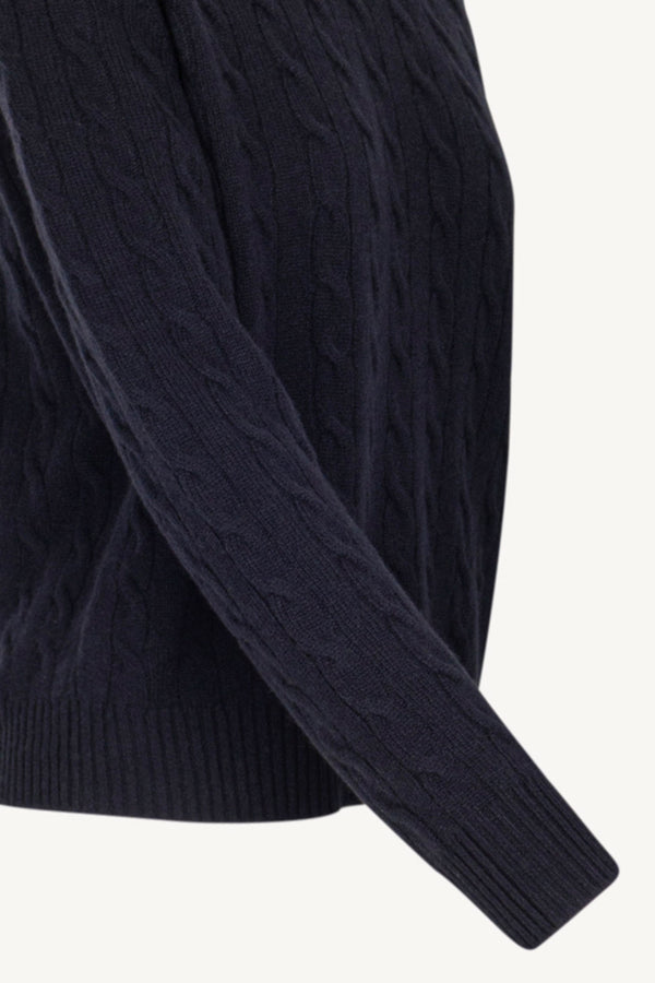 Midnight Blue Pure Cashmere Cable-Knit Crew Neck Sweater