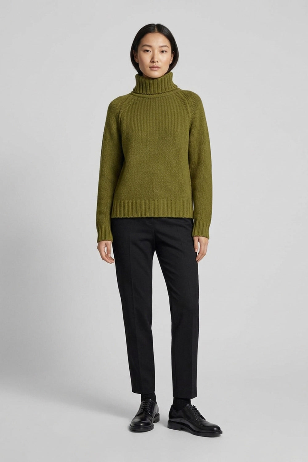 Olive Green Pure Cashmere 10-Ply Turtleneck with Raglan Sleeves