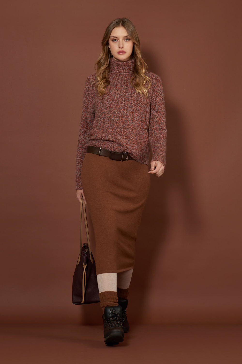 Orange Pure Cashmere Moulinè 10-Ply Turtleneck with Raglan Sleeves