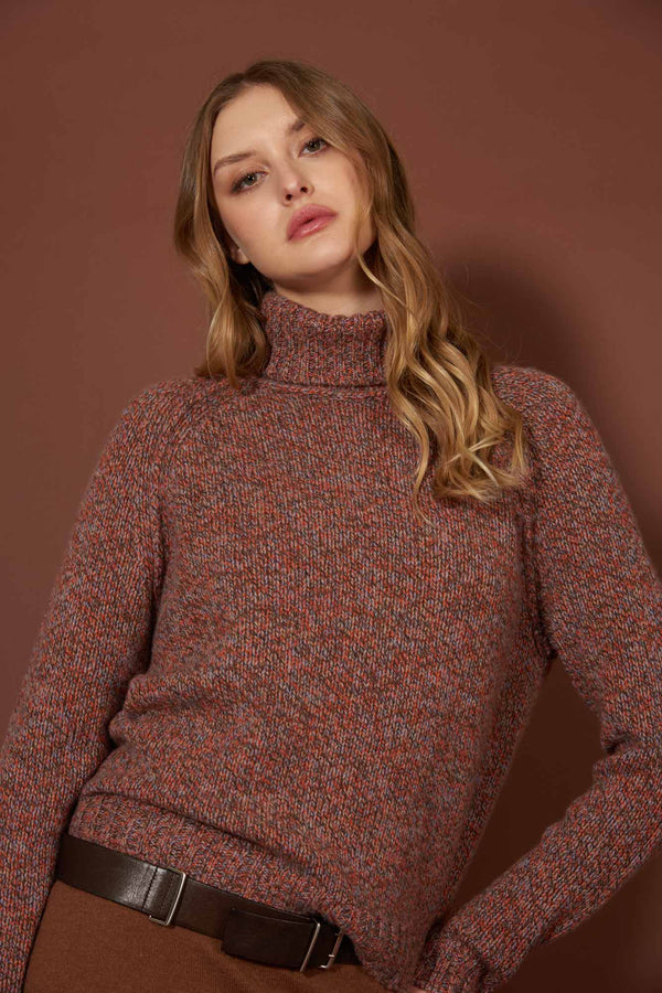 Orange Pure Cashmere Moulinè 10-Ply Turtleneck with Raglan Sleeves