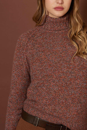 Orange Pure Cashmere Moulinè 10-Ply Turtleneck with Raglan Sleeves