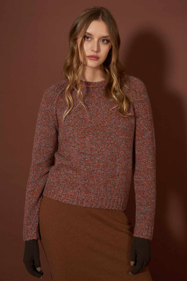 Girocollo Manica Raglan 10 Fili in Puro Cashmere Moulinè Spezie