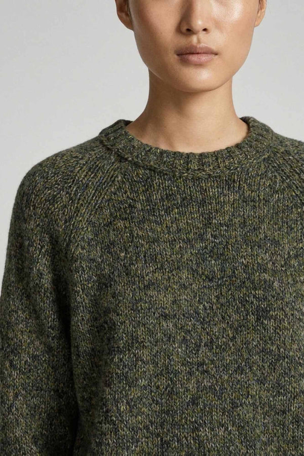 Dark Green Pure Cashmere Moulinè 10-Ply Crew Neck with Raglan Sleeves