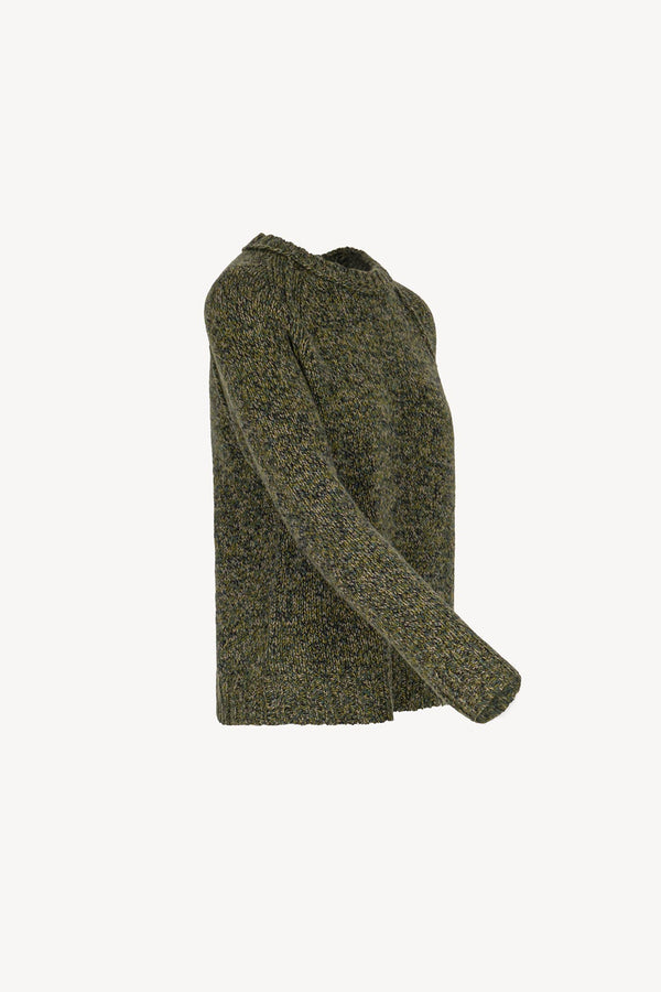 Dark Green Pure Cashmere Moulinè 10-Ply Crew Neck with Raglan Sleeves