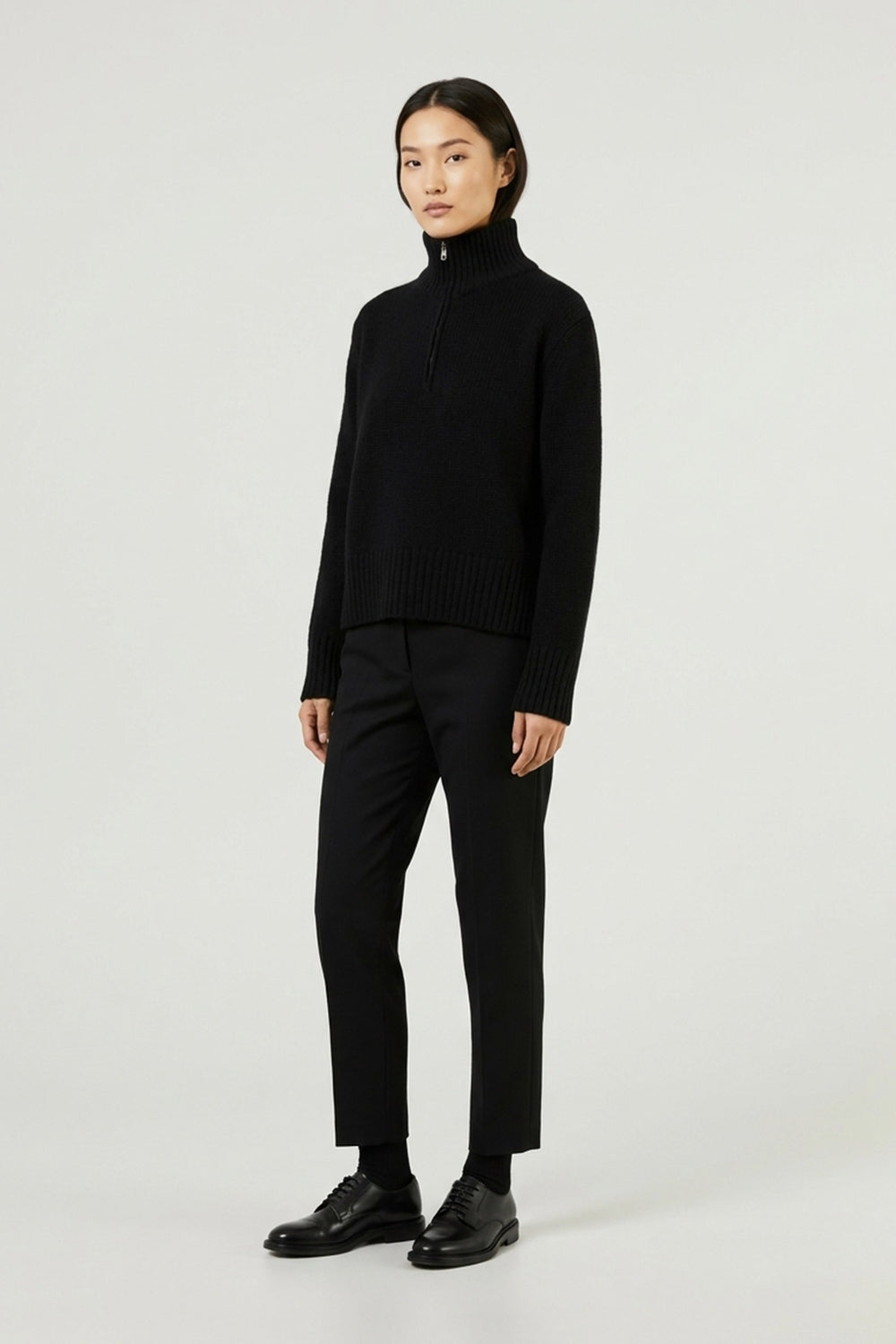 Black Pure Cashmere 10-Ply Mock Neck Sweater with Zip