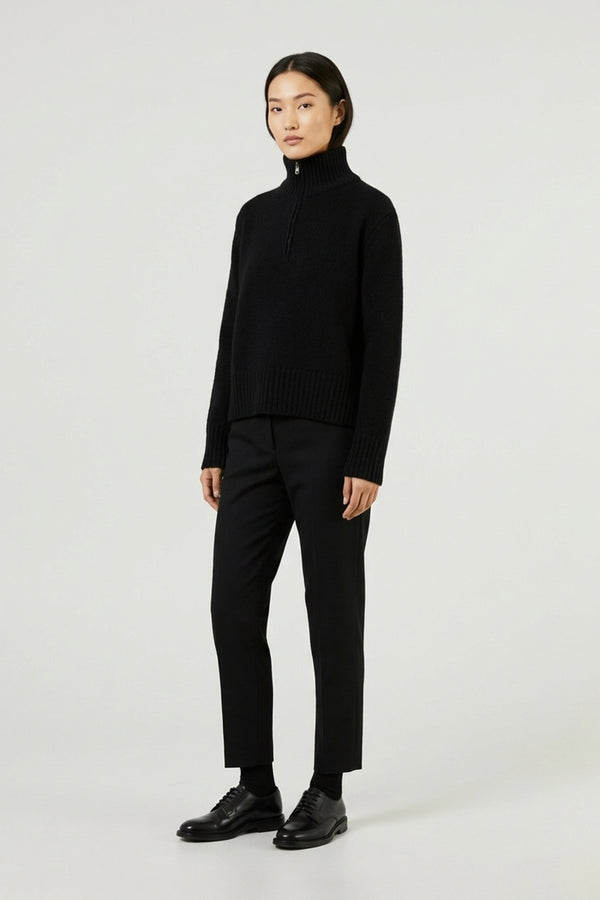 Black Pure Cashmere 10-Ply Mock Neck Sweater with Zip