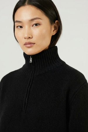 Black Pure Cashmere 10-Ply Mock Neck Sweater with Zip