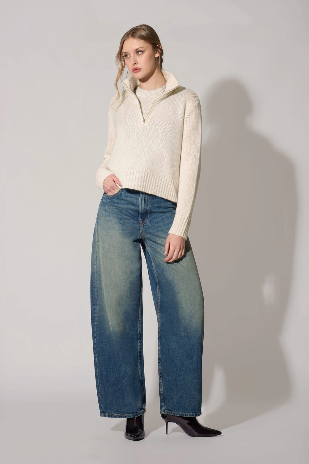 Ivory Pure Cashmere 10-Ply Mock Neck Sweater with Zip