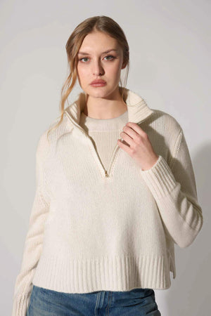 Ivory Pure Cashmere 10-Ply Mock Neck Sweater with Zip