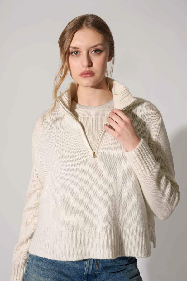 Ivory Pure Cashmere 10-Ply Mock Neck Sweater with Zip