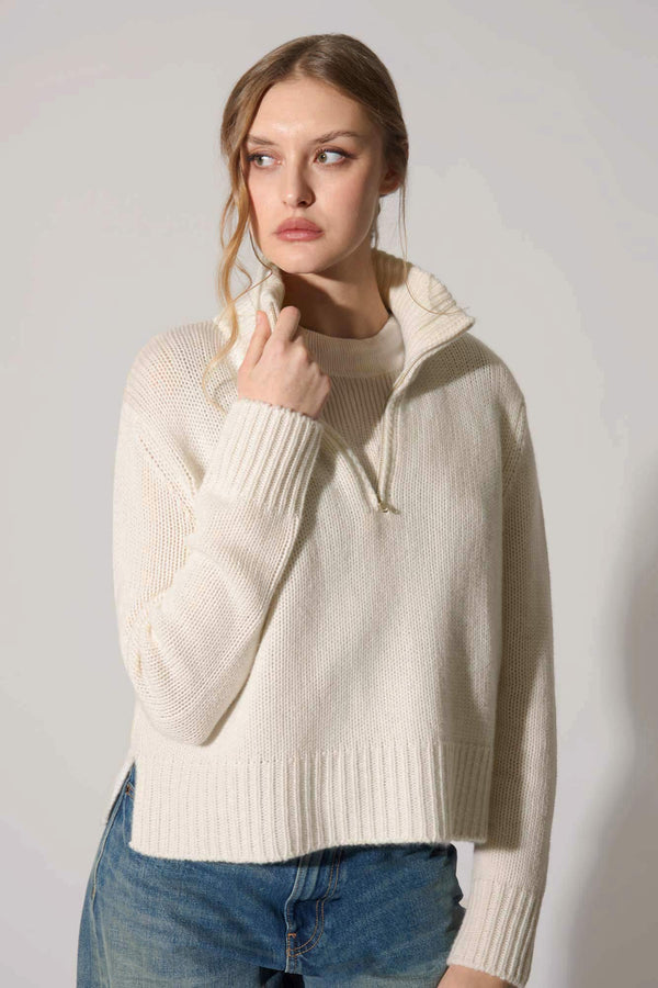 Ivory Pure Cashmere 10-Ply Mock Neck Sweater with Zip