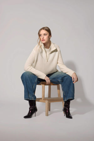 Ivory Pure Cashmere 10-Ply Mock Neck Sweater with Zip