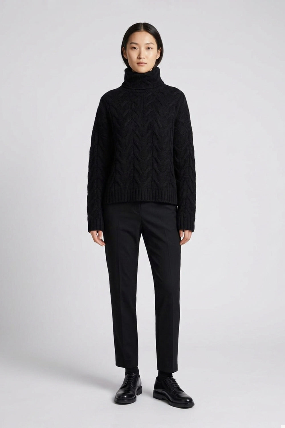 Black Pure Cashmere 12-Ply Cable-Knit Turtleneck