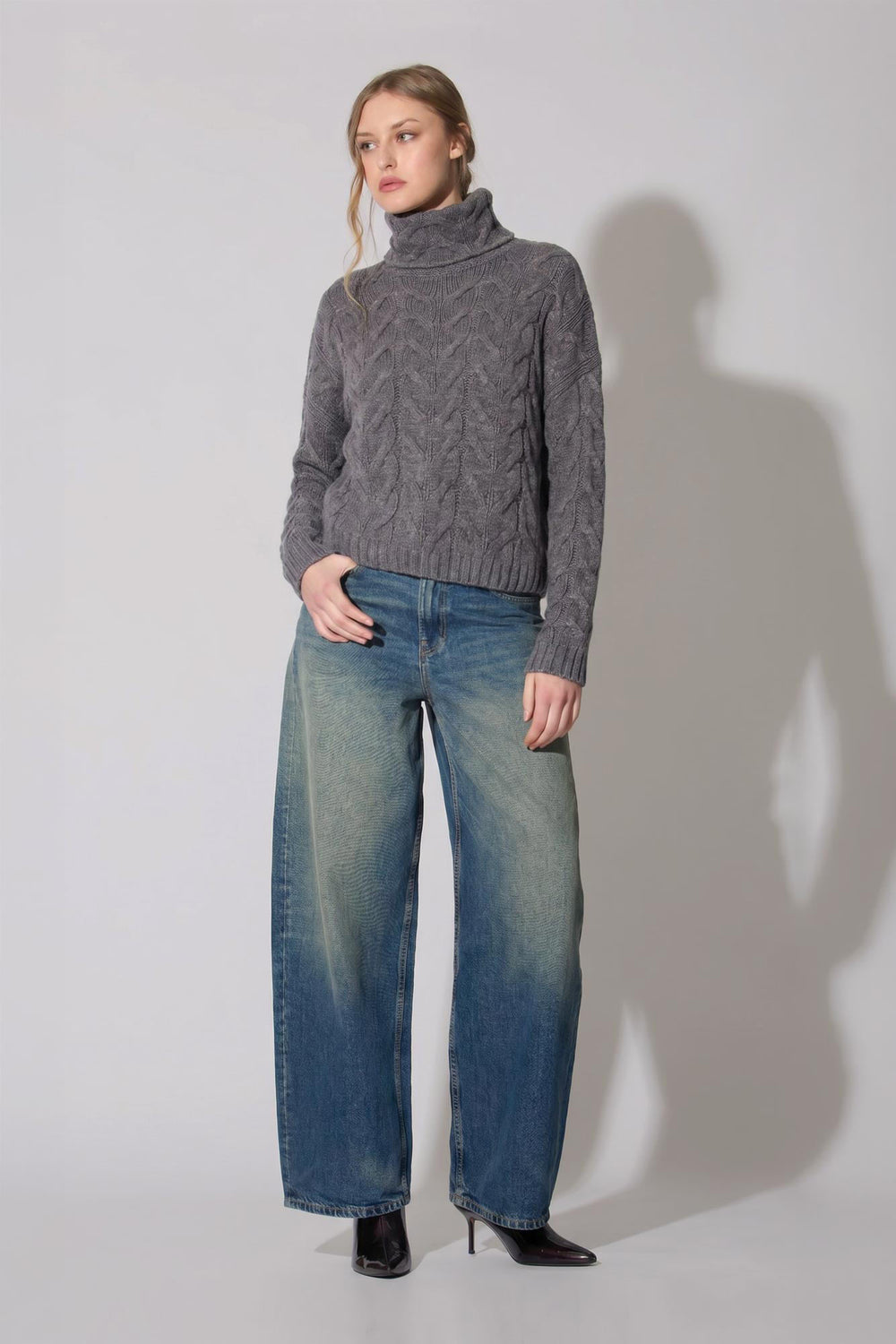 Medium Grey Pure Cashmere 12-Ply Cable-Knit Turtleneck