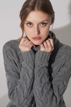 Medium Grey Pure Cashmere 12-Ply Cable-Knit Turtleneck