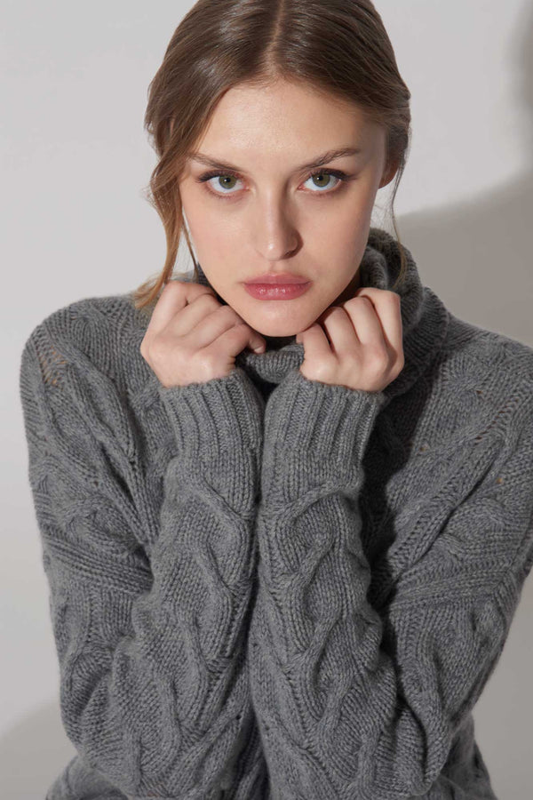 Medium Grey Pure Cashmere 12-Ply Cable-Knit Turtleneck