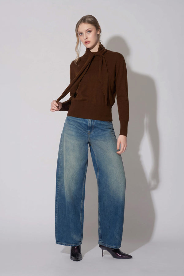 Maglia con Collo a Sciarpa in Seta Cashmere Cioccolato