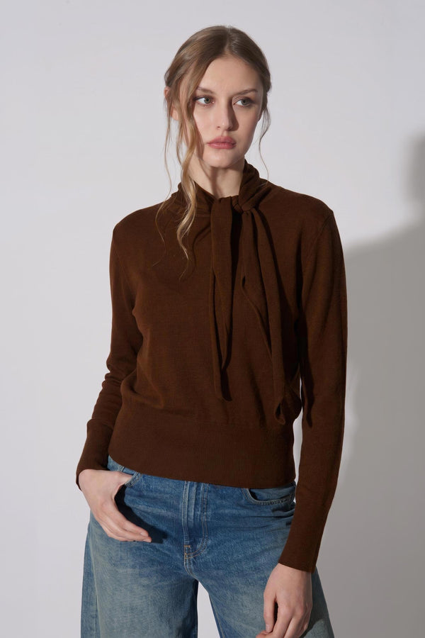 Maglia con Collo a Sciarpa in Seta Cashmere Cioccolato