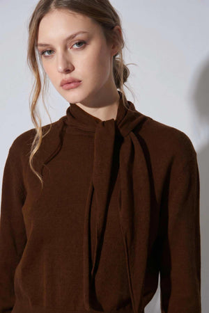 Maglia con Collo a Sciarpa in Seta Cashmere Cioccolato