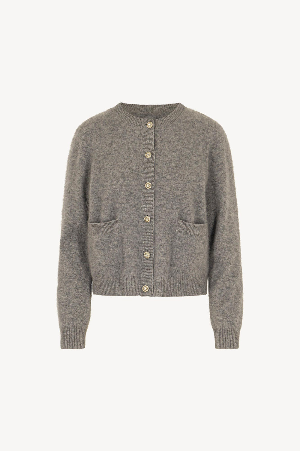 Grey Pure Cashmere Brushed Crew Neck Cardigan with Jewel Buttons