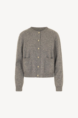 Grey Pure Cashmere Brushed Crew Neck Cardigan with Jewel Buttons