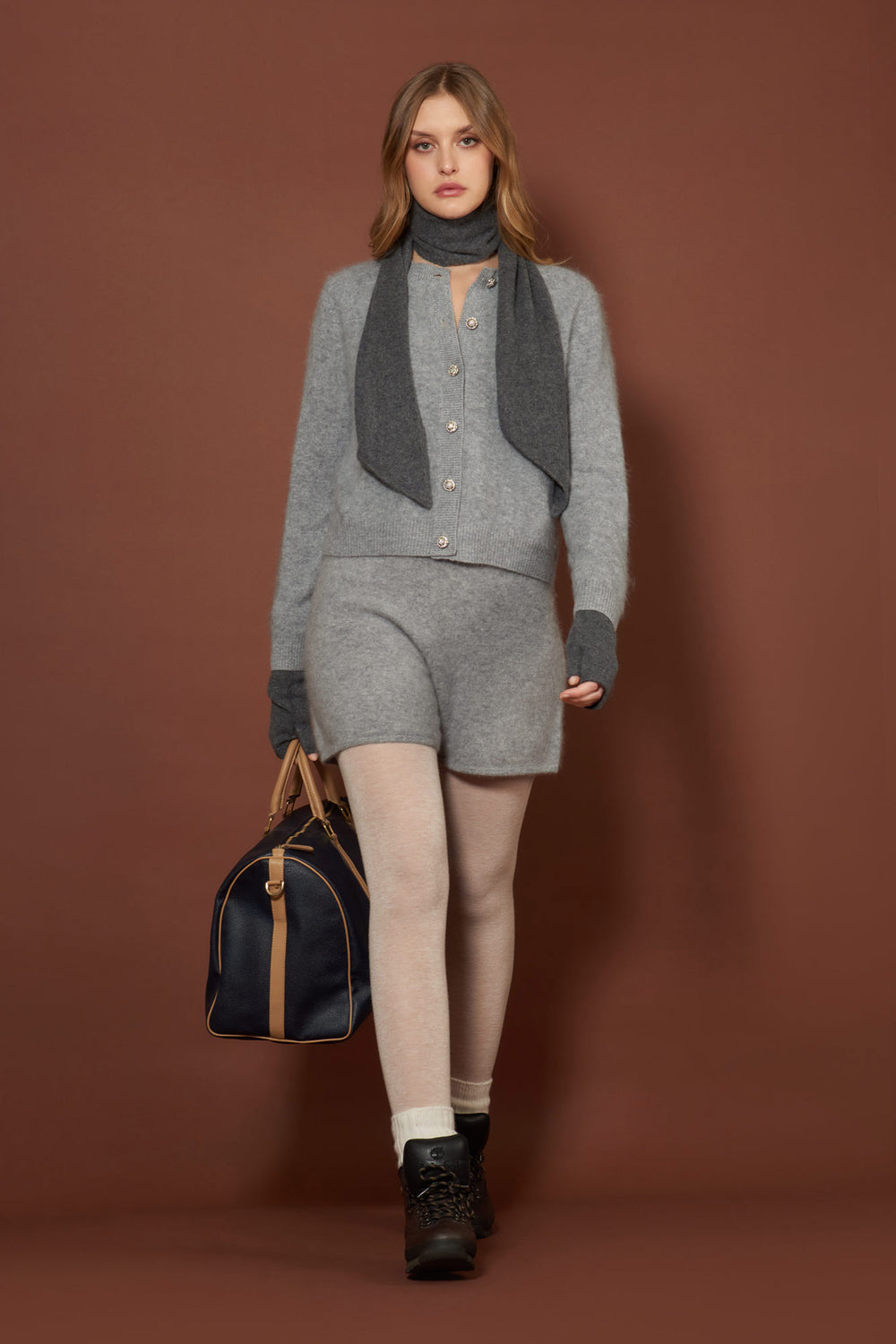 Grey Pure Cashmere Brushed Crew Neck Cardigan with Jewel Buttons