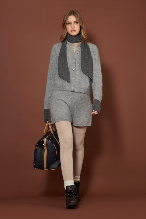 Grey Pure Cashmere Brushed Crew Neck Cardigan with Jewel Buttons