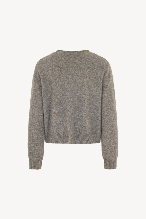 Grey Pure Cashmere Brushed Crew Neck Cardigan with Jewel Buttons